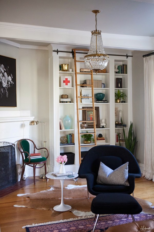 Ikea-Bookshelf-Hack-Billy-Built-Ins-French-Basket-Chandelier-Library-Ladder