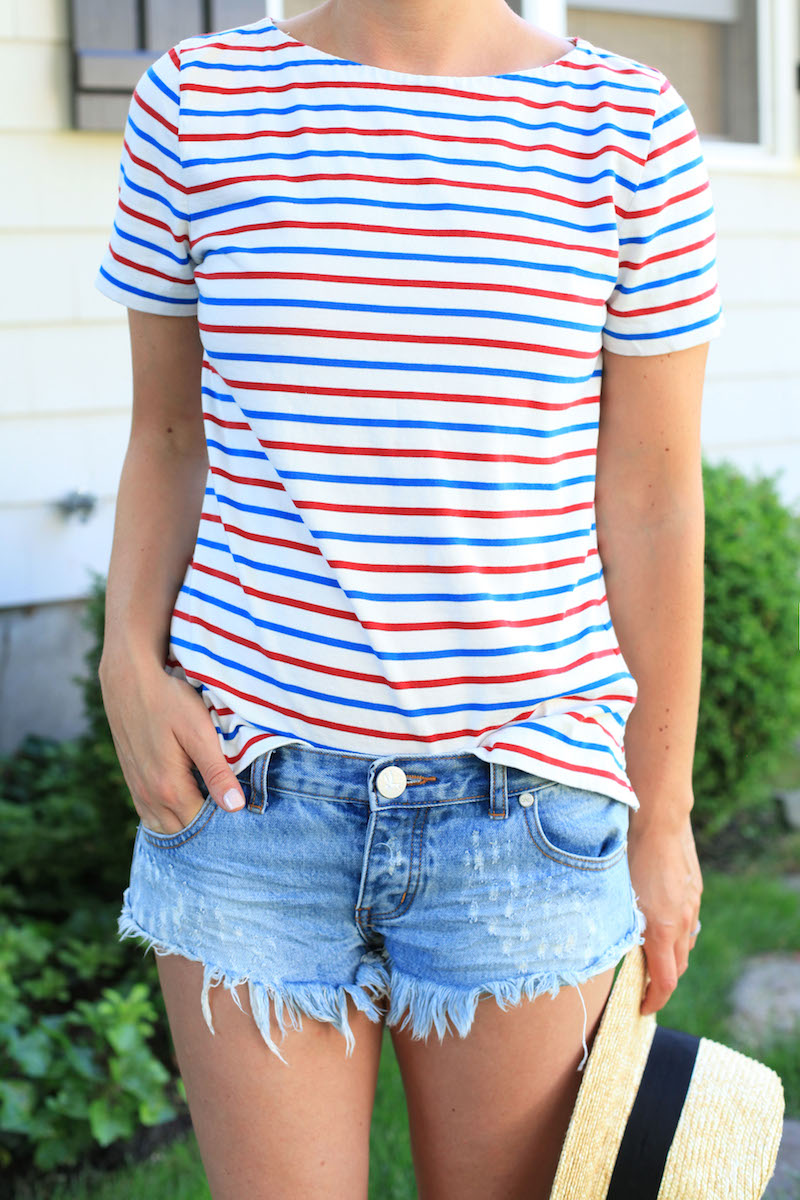 Red-White-Blue-Striped-Shirt-Ripped-Denim-Shorts