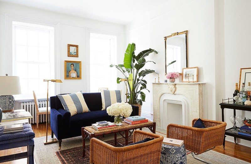 Amy-Stone-NYC-Apartment-Blue-Velvet-Setee-Rattan-Chairs-Sisal-Rug