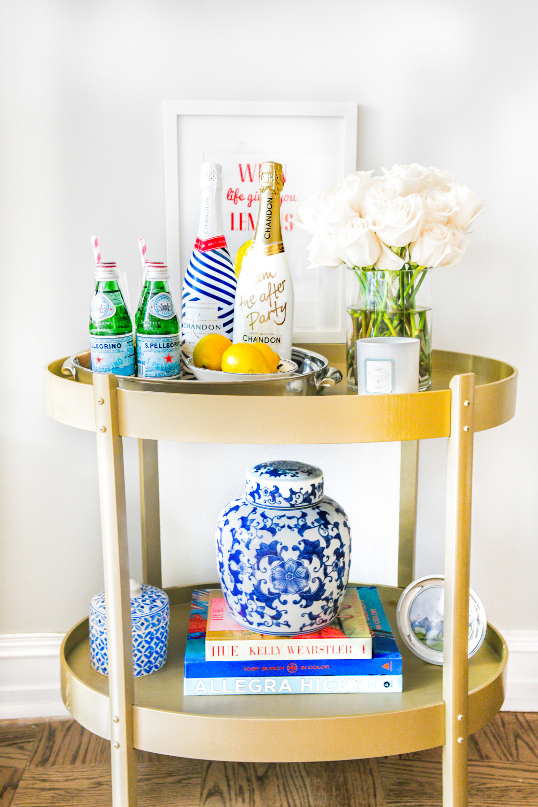 Gold-Bar-Cart-Blue-And-White-Ginger-Jars-Champagne