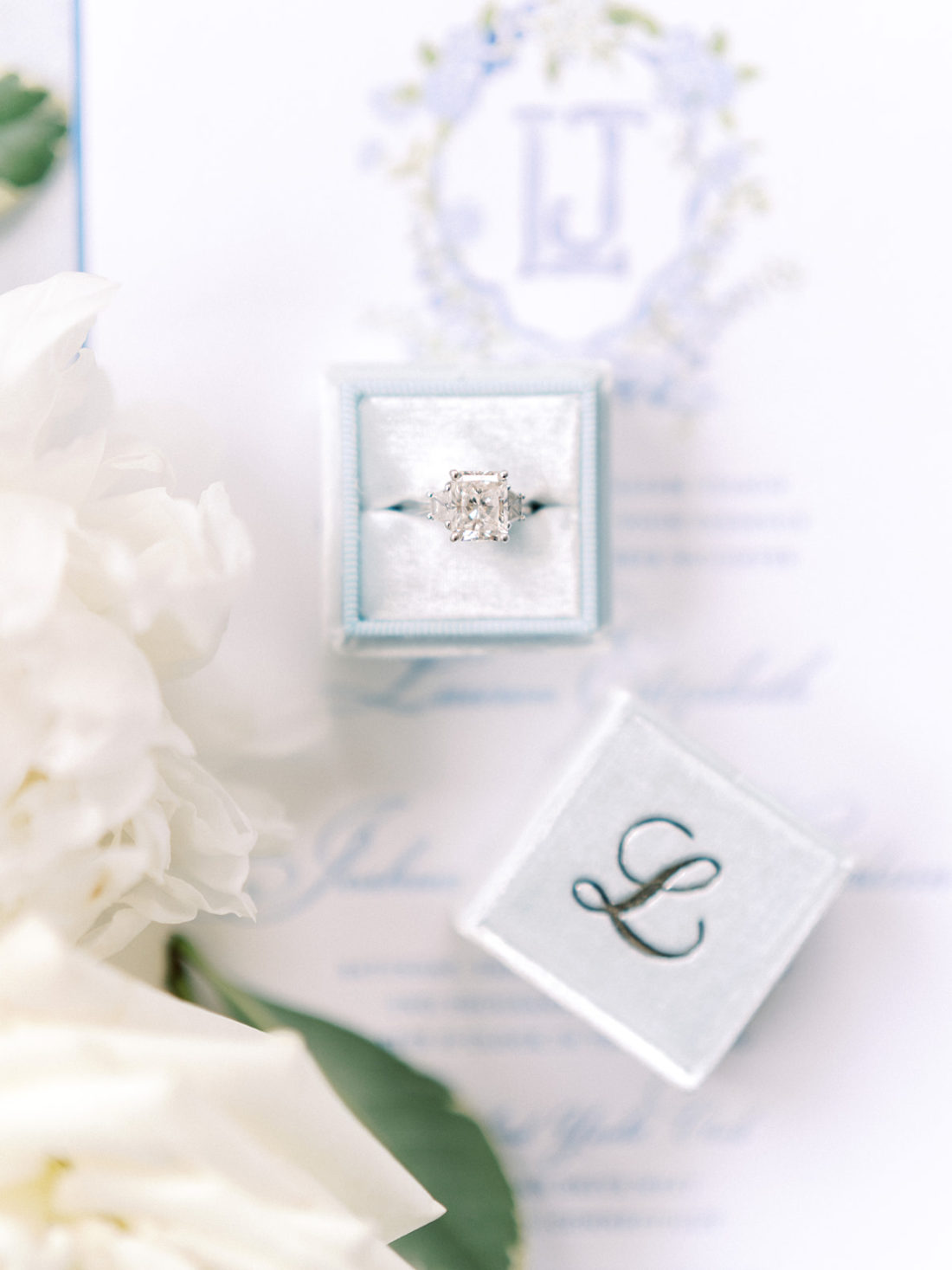 The Mrs. Box - Radiant Cut Diamond - Three Stone Engagement Ring - East Coast Wedding